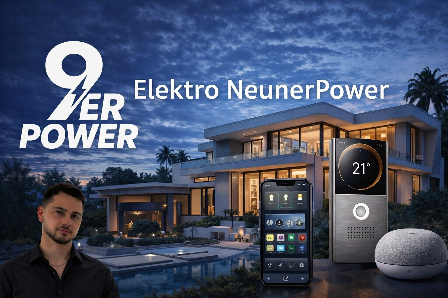 Neuner Power Startseitenbild mit Haus, Solarpanels, Wallbox und Firmenbranding